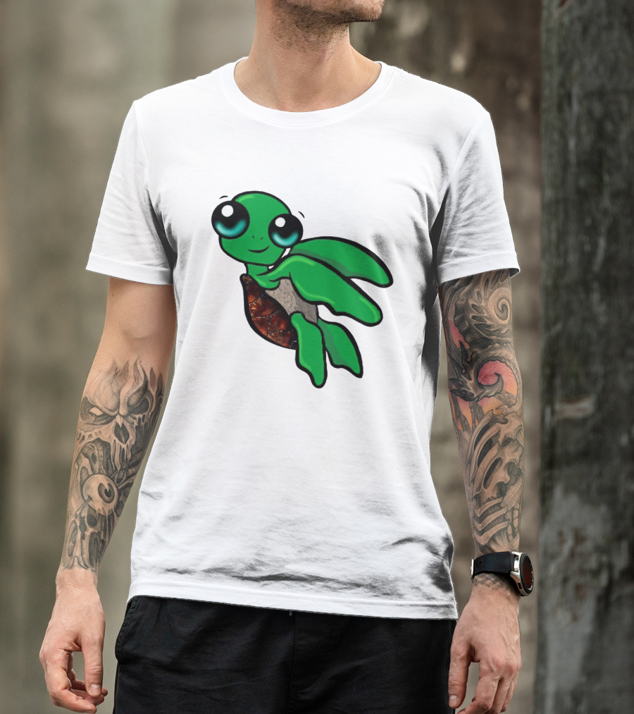 Funky Turtle Cute Green Cartoon Character With Big Eyes T-Shirt