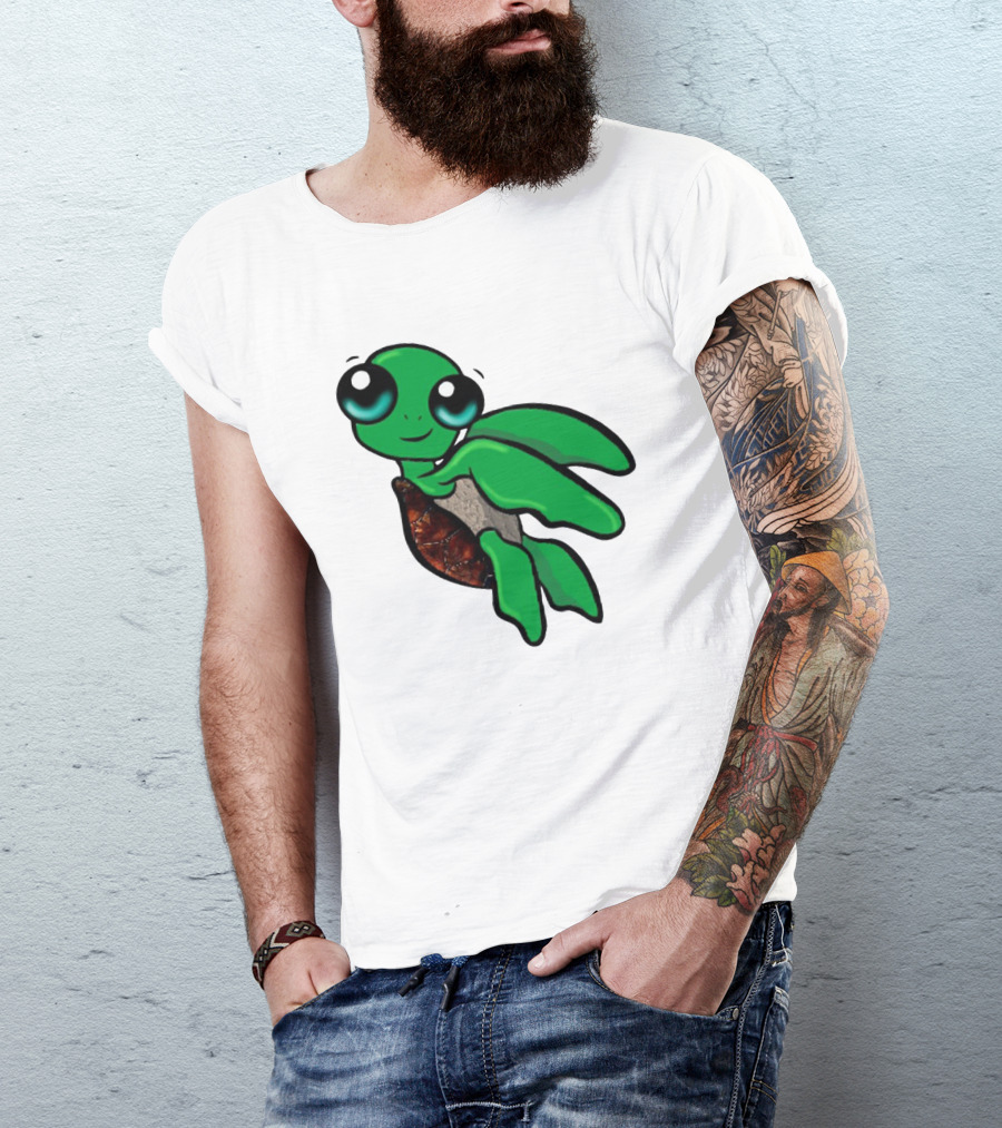 Funky Turtle Cute Green Cartoon Character With Big Eyes T-Shirt