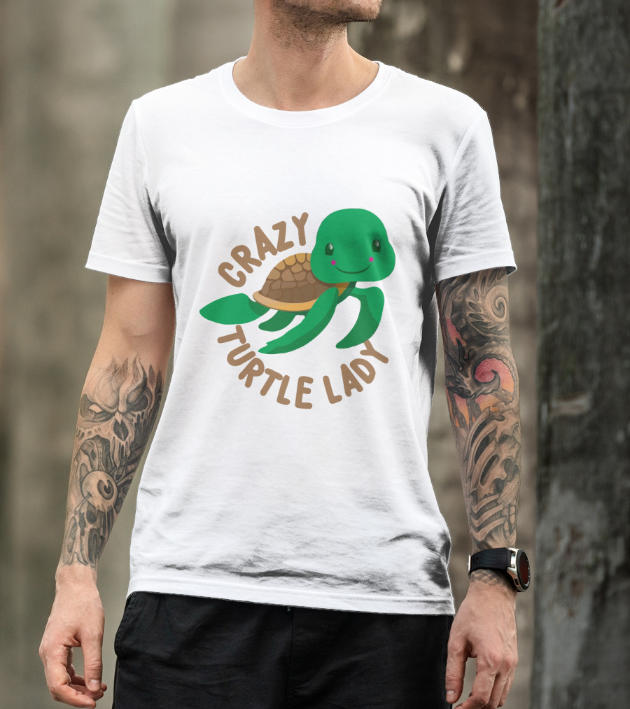 Crazy Turtle Lady Cute Green Cartoon Style Turtle With Happy Face T-Shirt