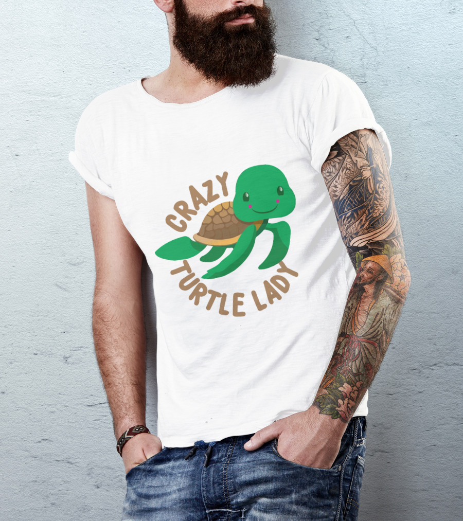 Crazy Turtle Lady Cute Green Cartoon Style Turtle With Happy Face T-Shirt