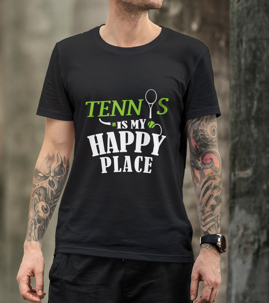 Tennis Is My Happy Place With Racket And Ball Motif T-Shirt