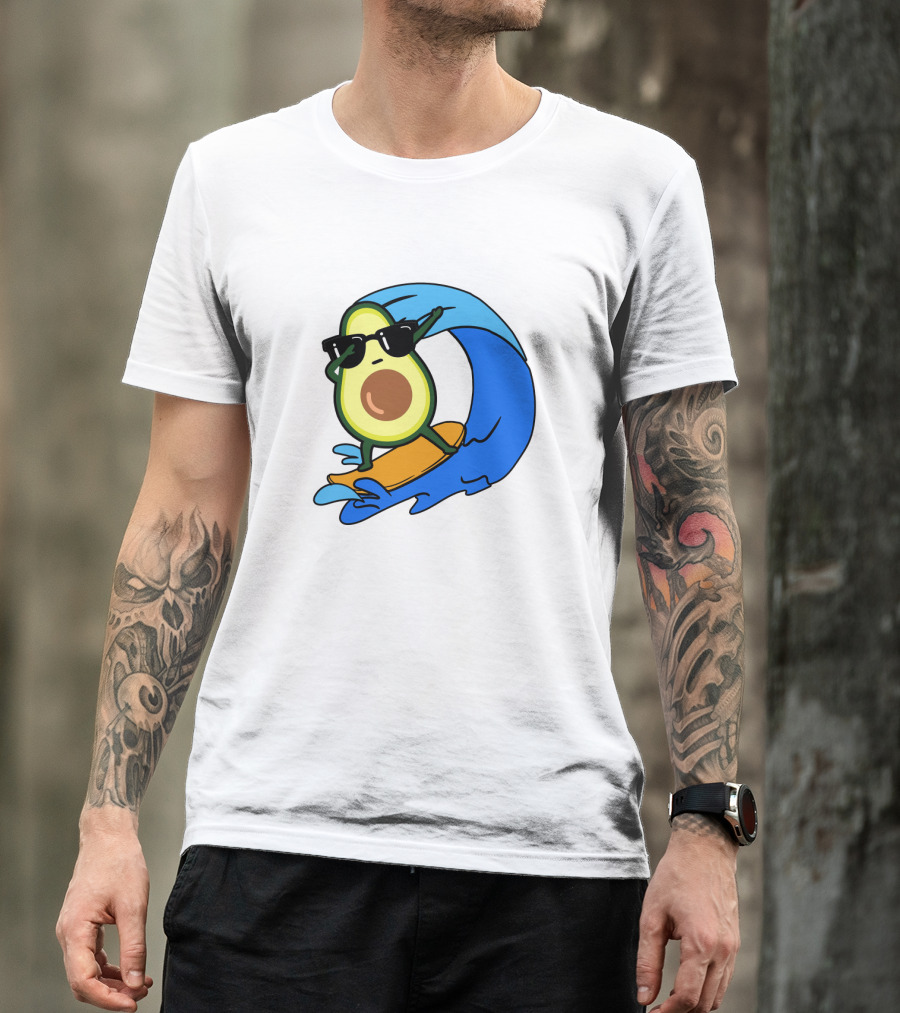 Avocado Wearing Sunglasses Riding Blue Ocean Wave T-Shirt