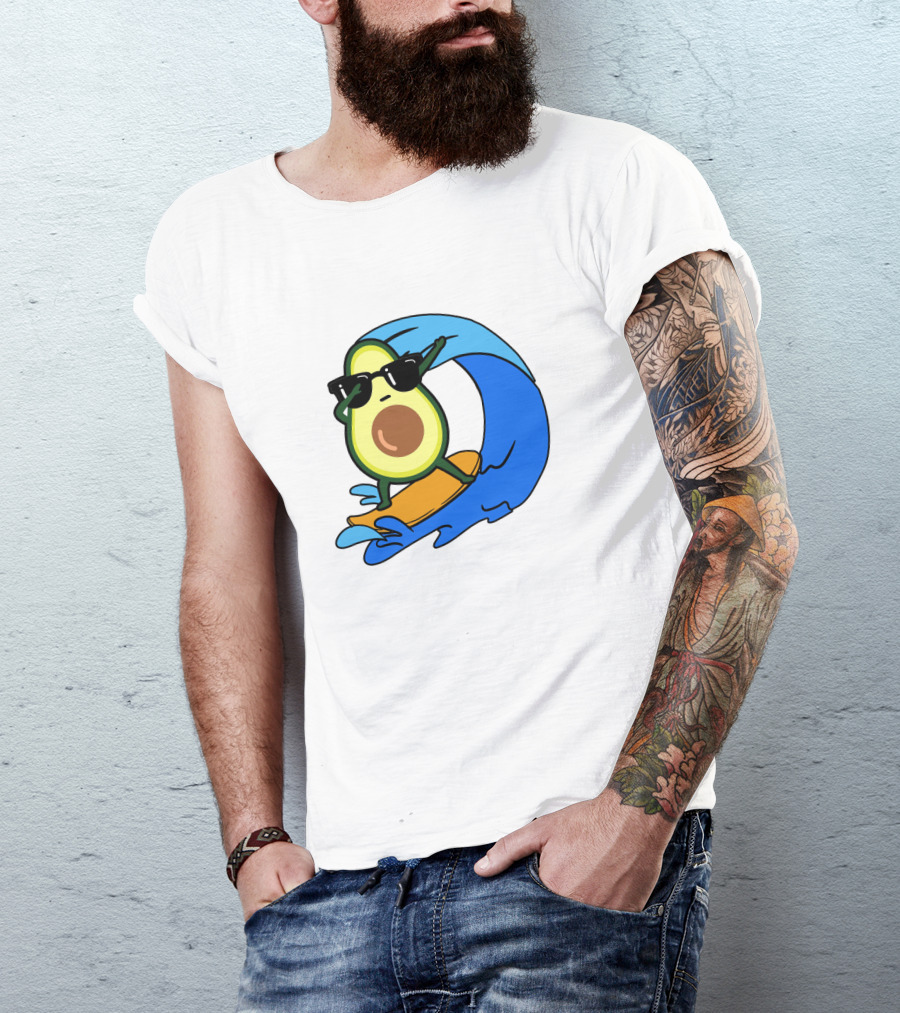 Avocado Wearing Sunglasses Riding Blue Ocean Wave T-Shirt