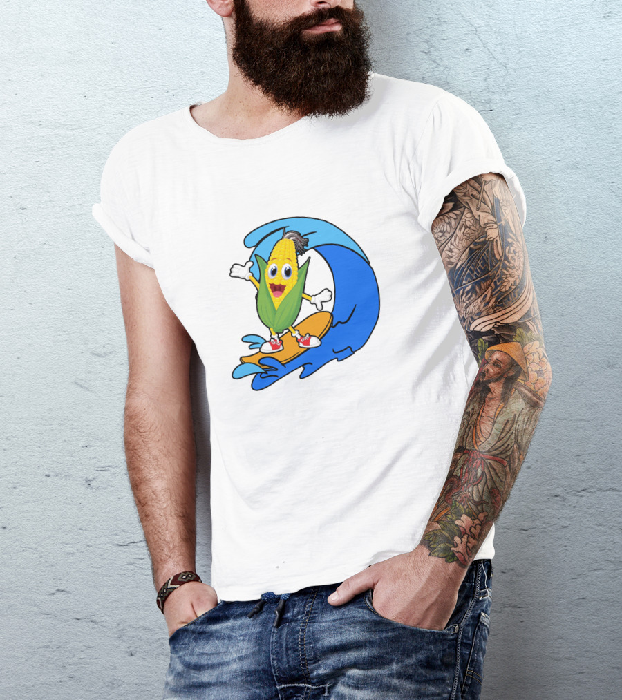 Corn On Surfboard Riding Blue Ocean Wave T-Shirt