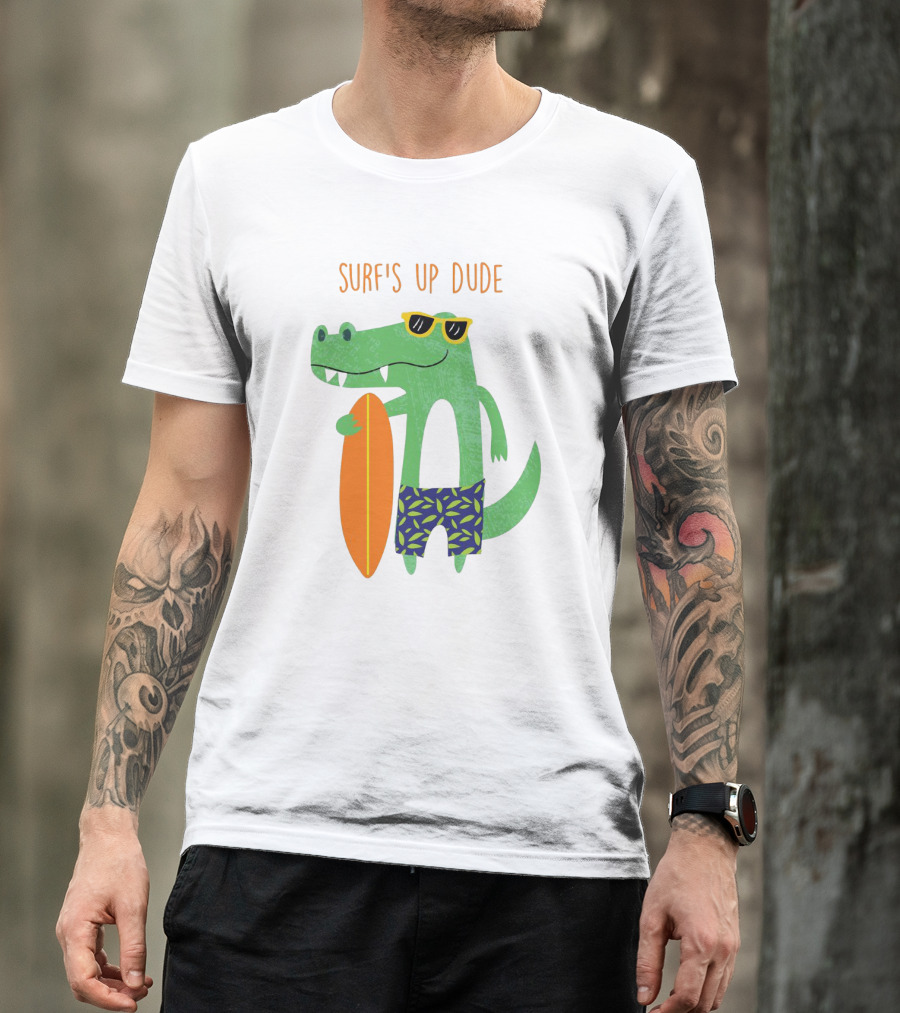 Surf's Up Dude Cool Crocodile In Sunglasses With Surfboard And Tropical Shorts T-Shirt