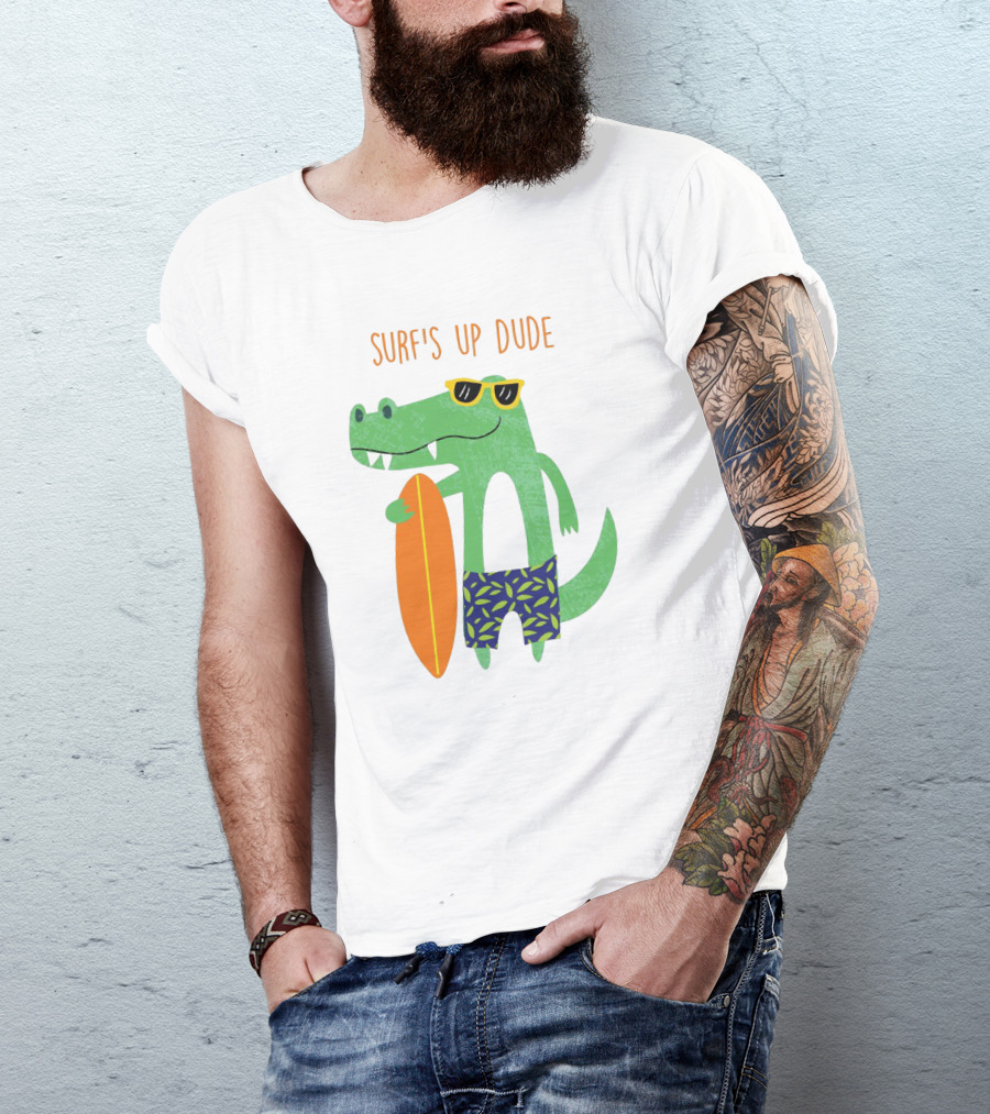 Surf's Up Dude Cool Crocodile In Sunglasses With Surfboard And Tropical Shorts T-Shirt