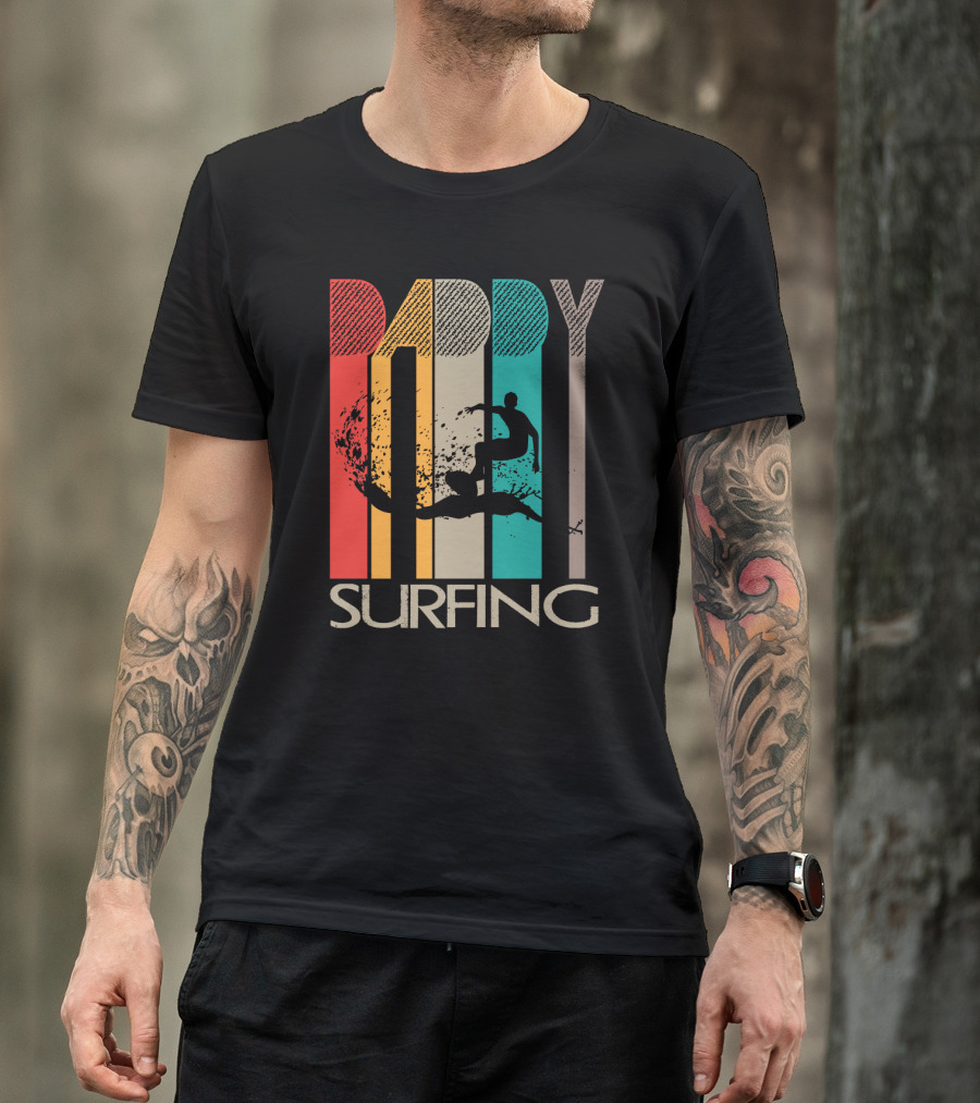 Vintage Daddy Surfing Silhouette With Retro Color Stripes T-Shirt