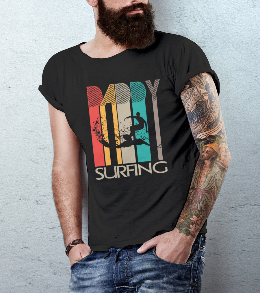 Vintage Daddy Surfing Silhouette With Retro Color Stripes T-Shirt