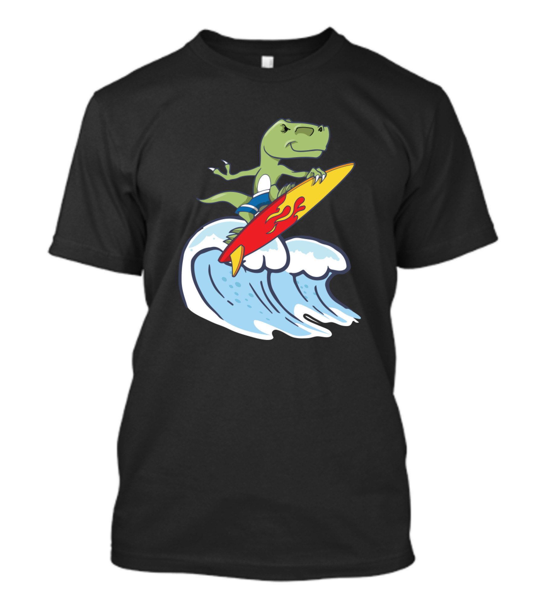 Dinosaur Riding Waves On Fiery Surfboard Ocean Adventure T-Shirt