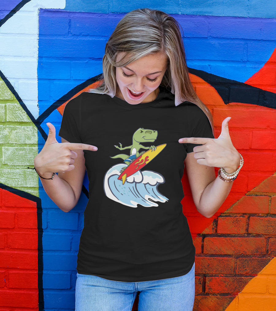 Dinosaur Riding Waves On Fiery Surfboard Ocean Adventure T-Shirt
