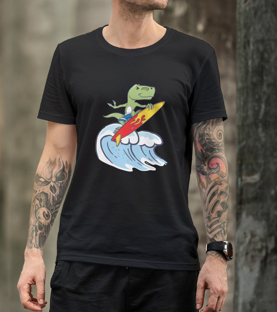 Dinosaur Riding Waves On Fiery Surfboard Ocean Adventure T-Shirt