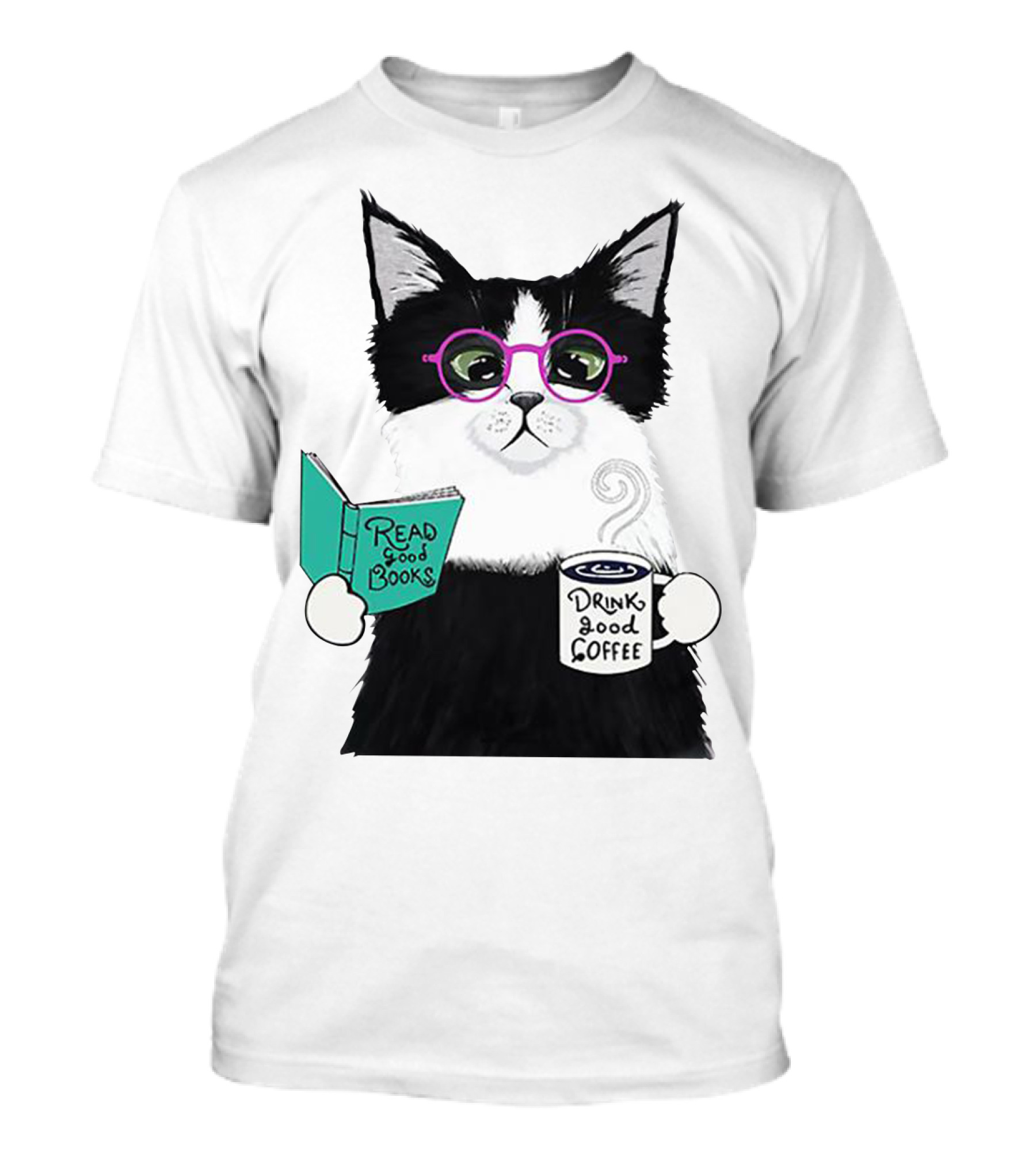 Read Good Books Drink Good Coffee Cat With Glasses T-Shirt