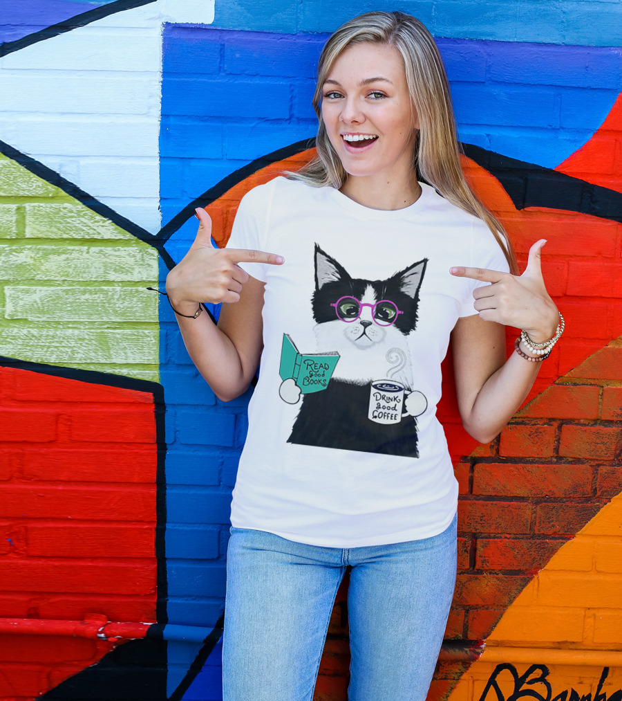 Read Good Books Drink Good Coffee Cat With Glasses T-Shirt