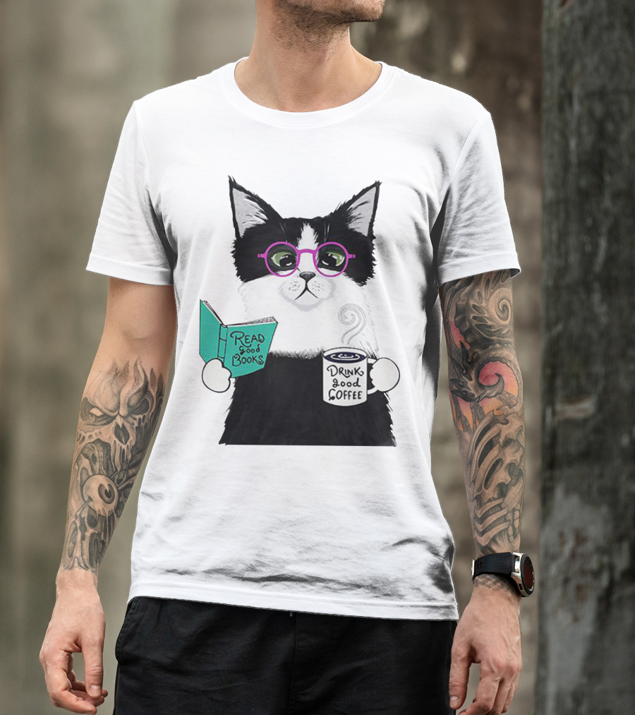 Read Good Books Drink Good Coffee Cat With Glasses T-Shirt