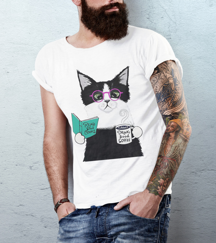 Read Good Books Drink Good Coffee Cat With Glasses T-Shirt