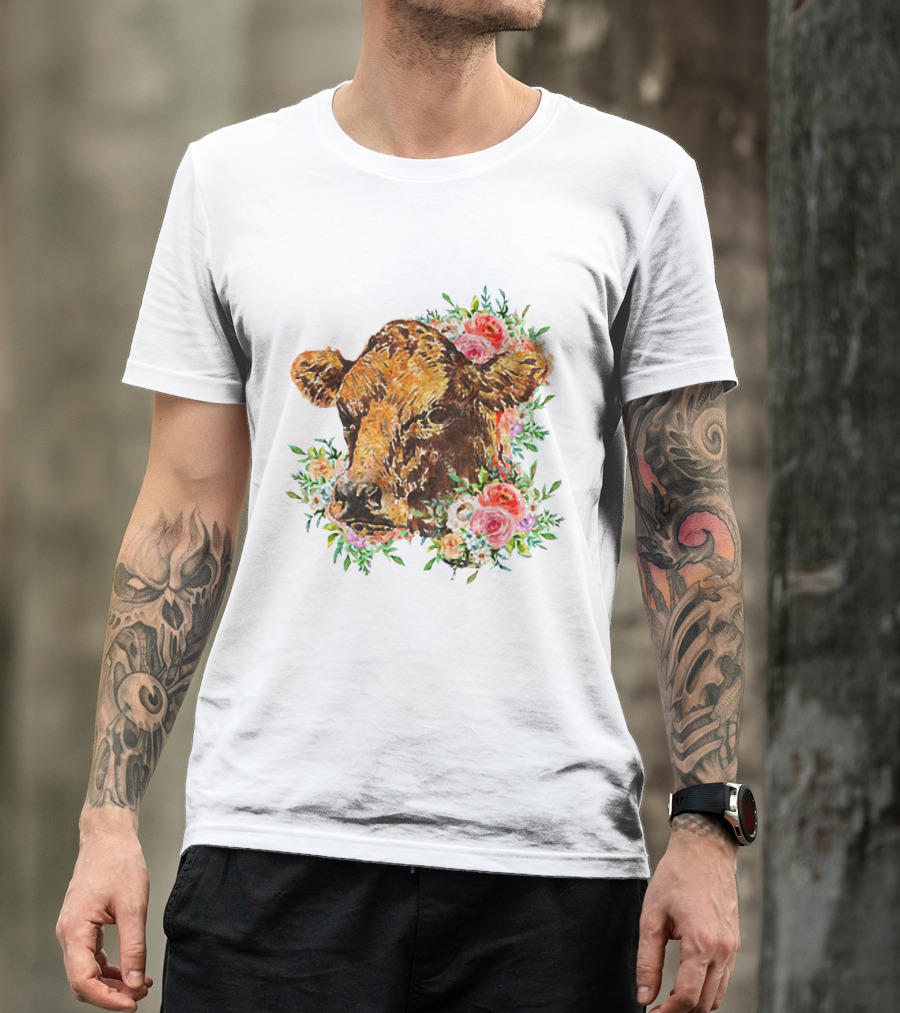 Cow With Floral Accents And Cute Cow Flower Style Motif T-Shirt