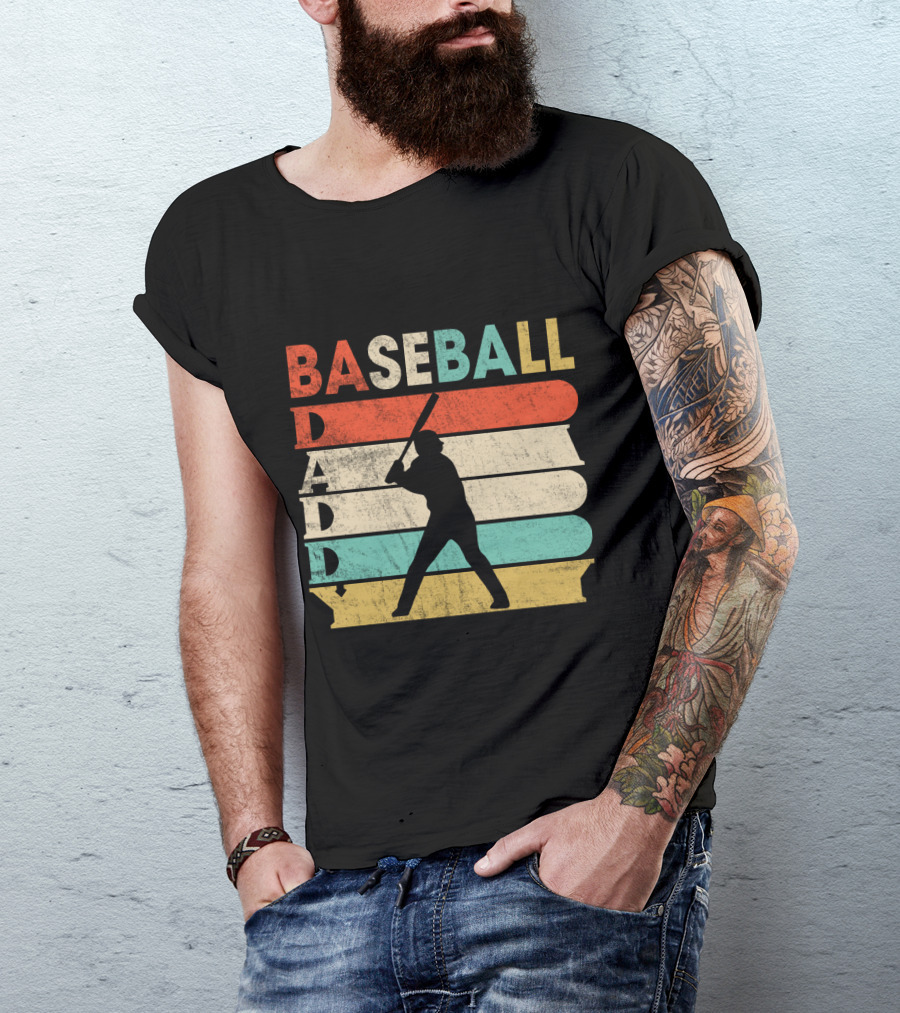Retro Baseball Daddy Vintage Stripes Silhouette Batter T-Shirt