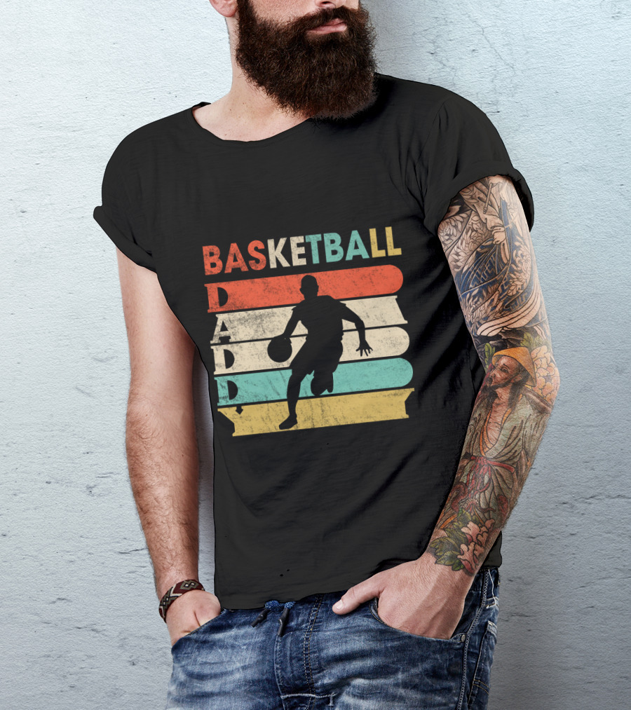 Basketball Daddy Retro Silhouette Player Vintage Stripes T-Shirt