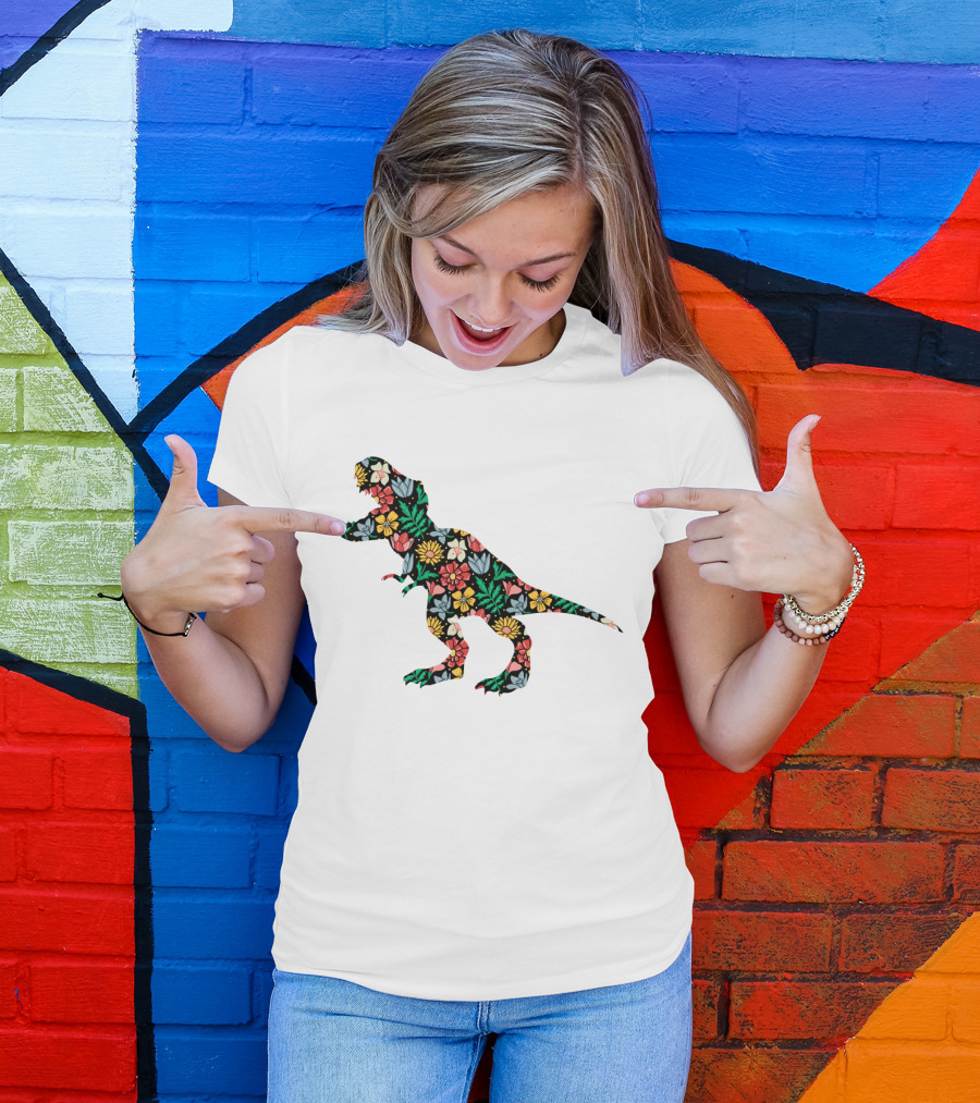Floral Dinosaur Silhouette With Colorful Flowers T-Shirt