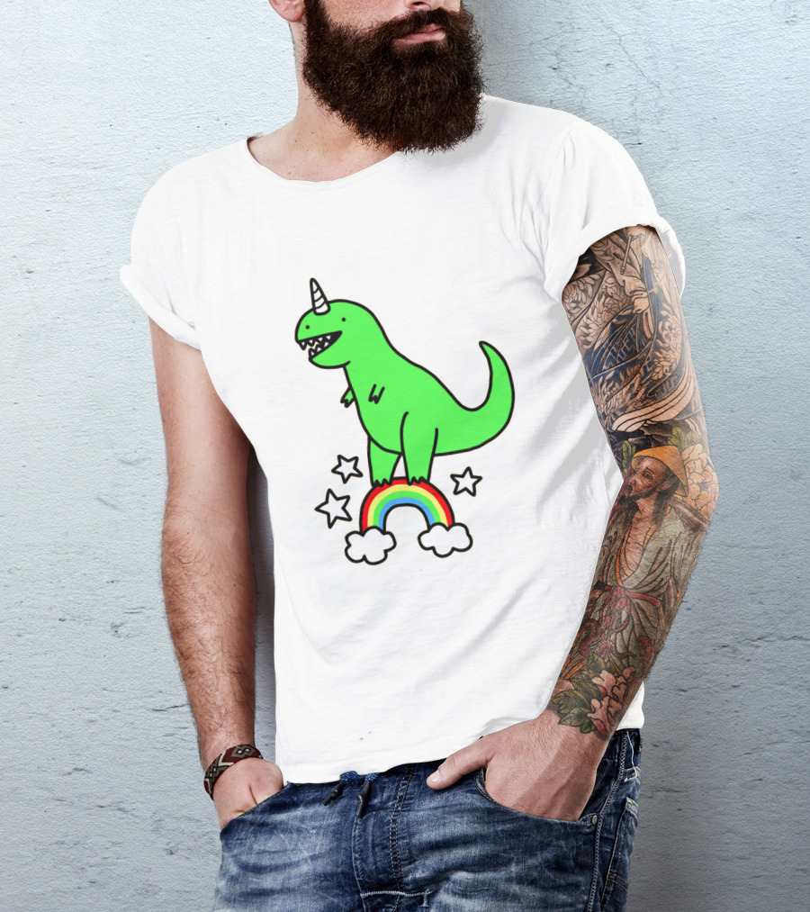 Unicorn Dinosaur With Stars And Rainbow T-Shirt