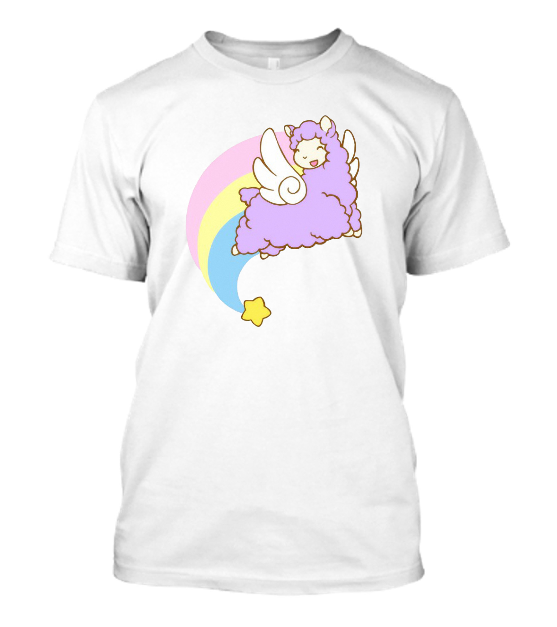 Flying Alpacasus: Winged Purple Alpaca With Rainbow And Star Trail T-Shirt
