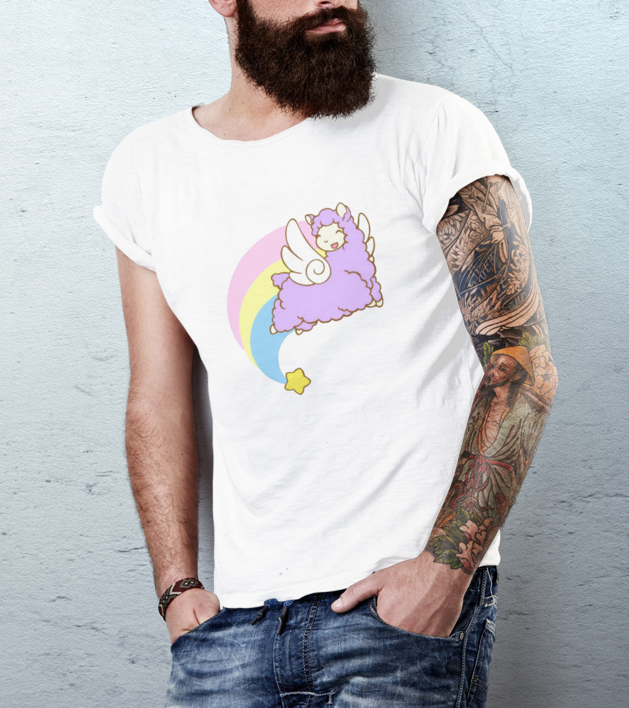 Flying Alpacasus: Winged Purple Alpaca With Rainbow And Star Trail T-Shirt