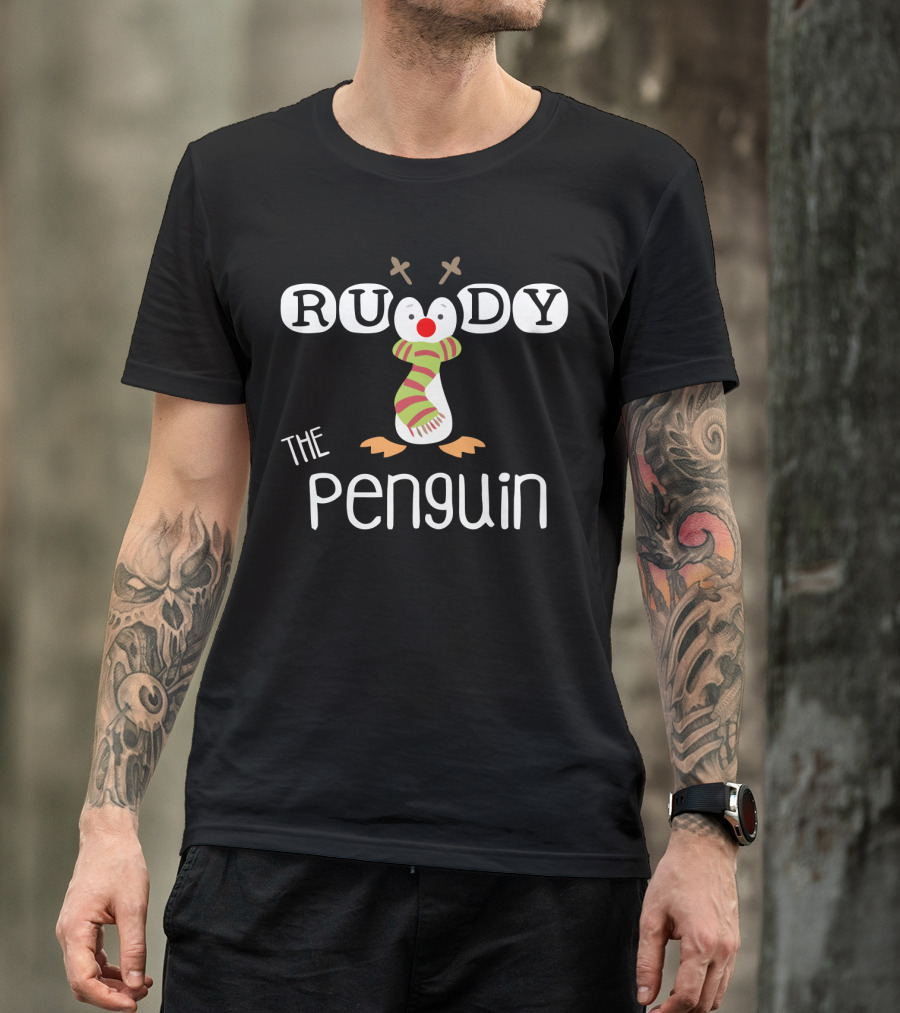 Rudy The Penguin With Antlers And Scarf Holiday T-Shirt