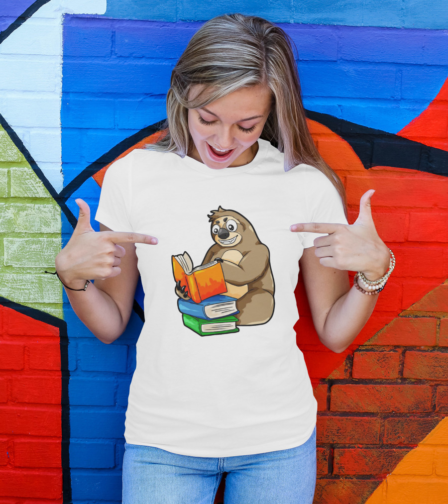 Sloth Enjoying A Stack Of Colorful Books For Literacy And Knowledge Study T-Shirt