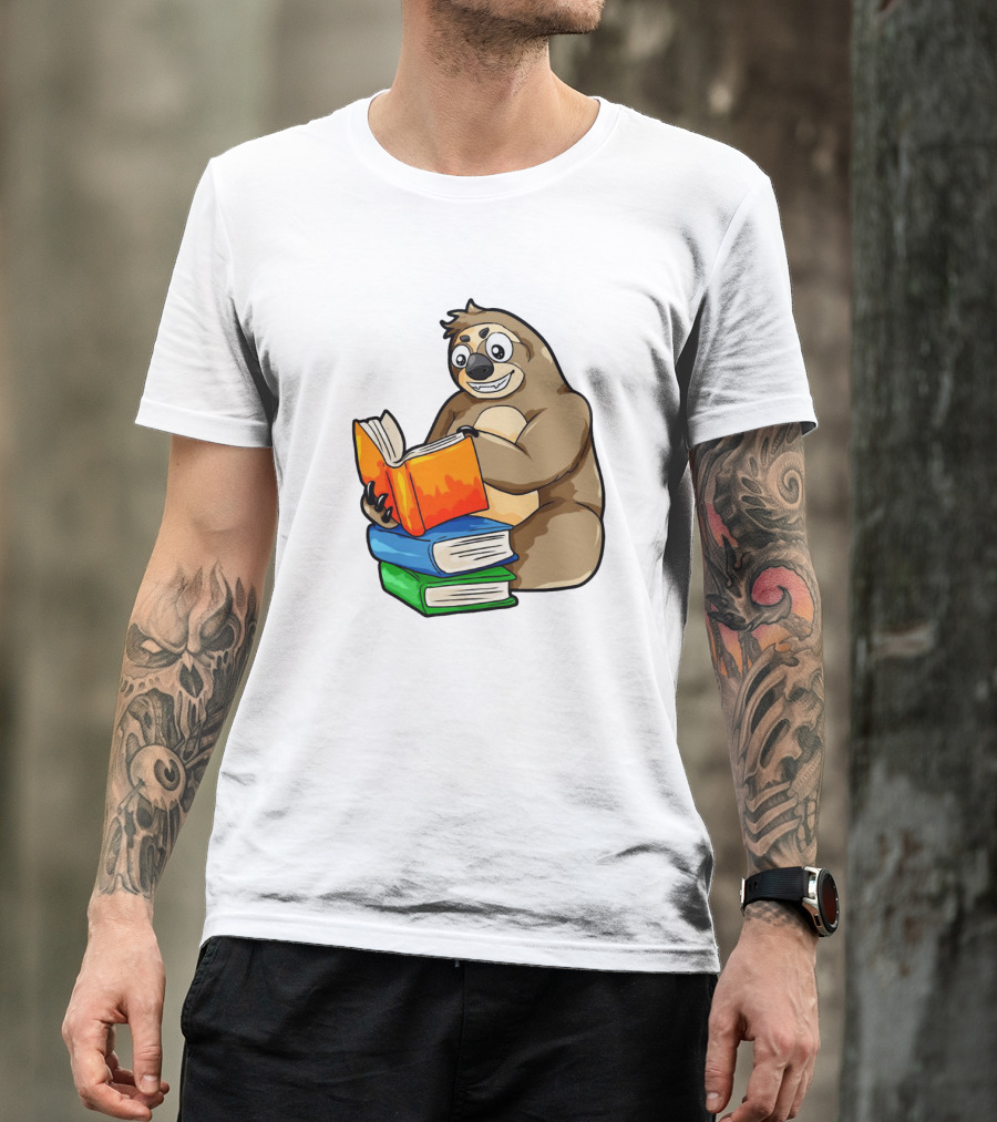 Sloth Enjoying A Stack Of Colorful Books For Literacy And Knowledge Study T-Shirt