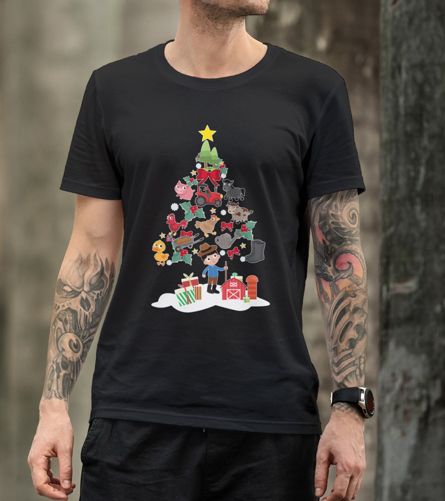 Farmer Christmas Tree With Farm Animals And Tractor T-Shirt