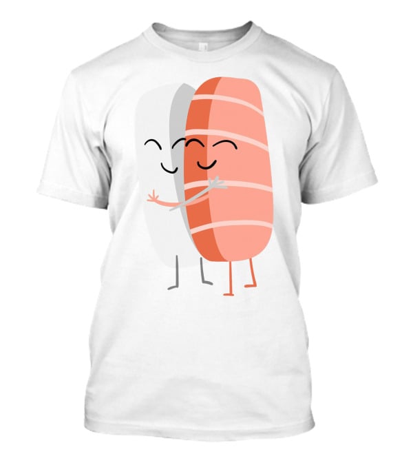 Kawaii Sushi Hugging Salmon Nigiri Cartoon T-Shirt