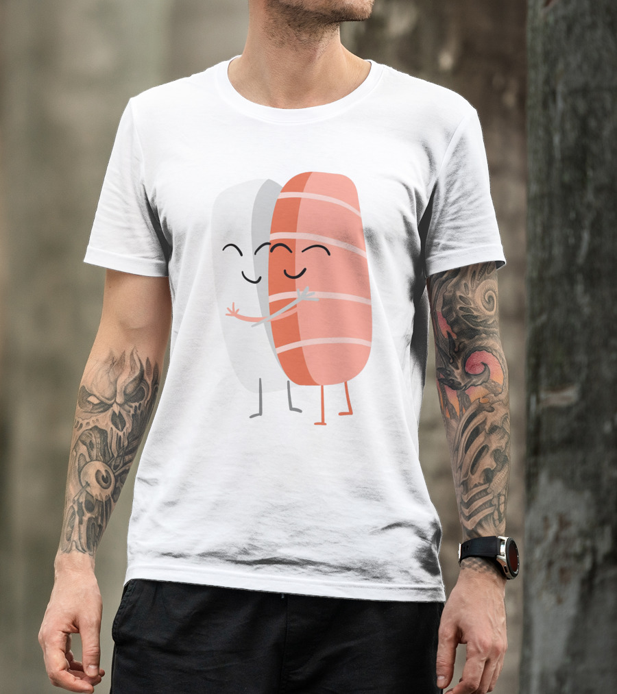 Kawaii Sushi Hugging Salmon Nigiri Cartoon T-Shirt