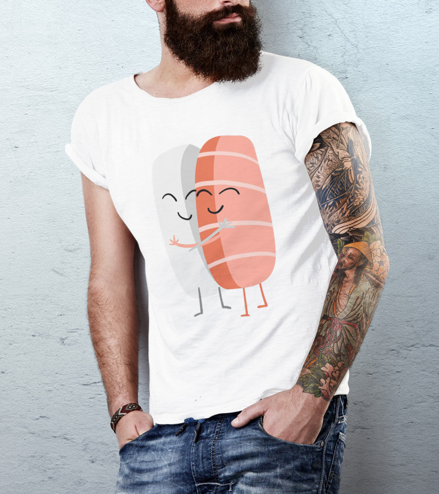 Kawaii Sushi Hugging Salmon Nigiri Cartoon T-Shirt