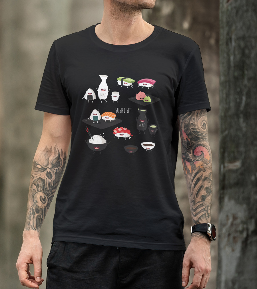Sushi Set With Happy Sake Characters And Cute Cartoon Sushi Rolls T-Shirt