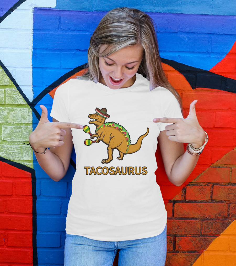 Tacosaurus Sombrero Dinosaur With Maracas Taco Lover Fiesta Fun T-Shirt