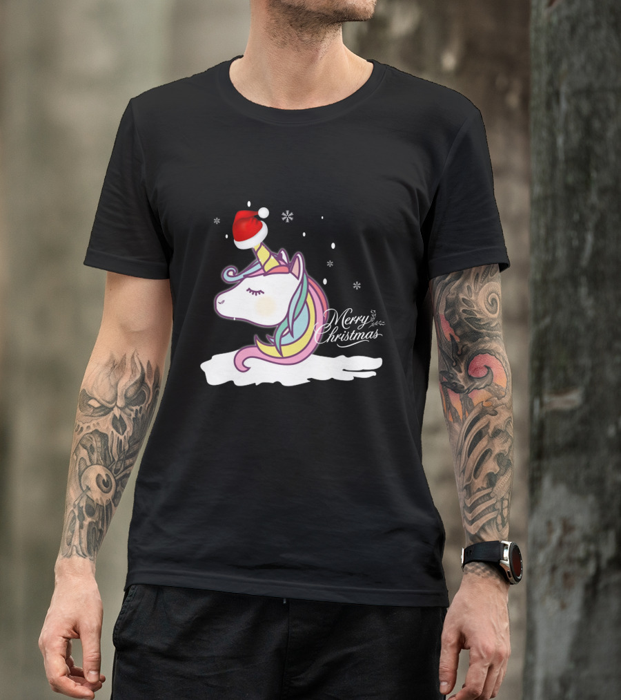 Merry Christmas Unicorn Santa Hat Snowflakes T-Shirt
