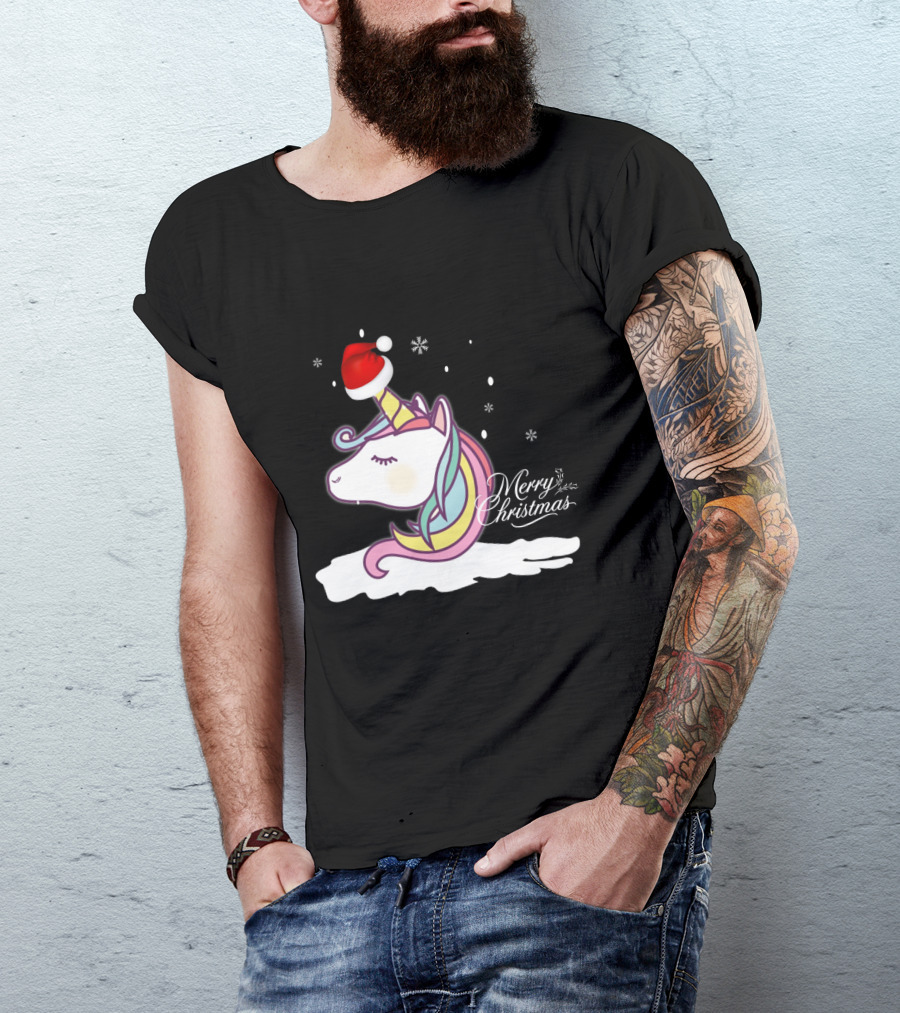 Merry Christmas Unicorn Santa Hat Snowflakes T-Shirt