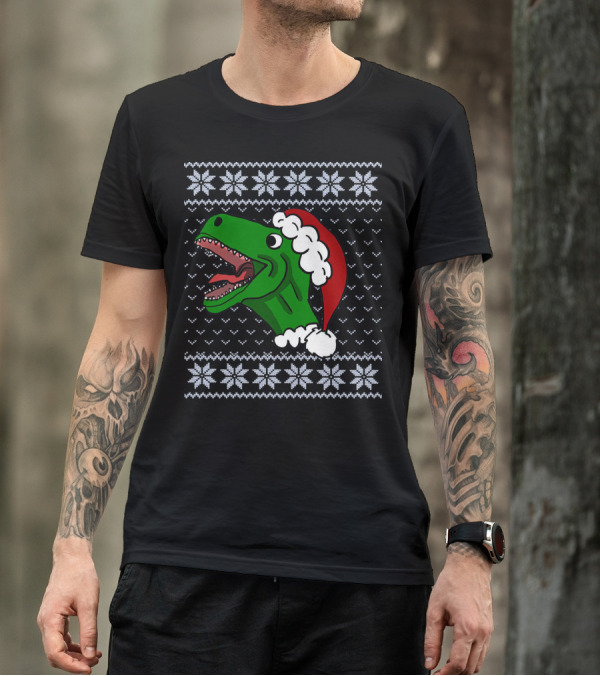 T Rex Christmas Ugly Sweater Santa Hat T-Shirt