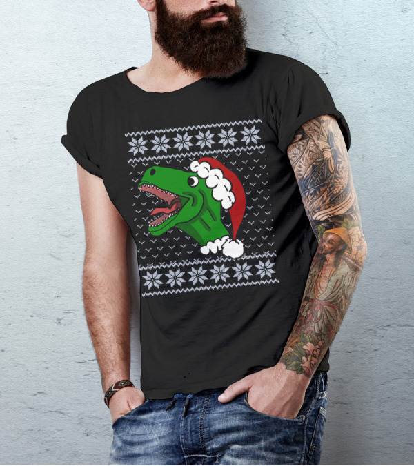 T Rex Christmas Ugly Sweater Santa Hat T-Shirt