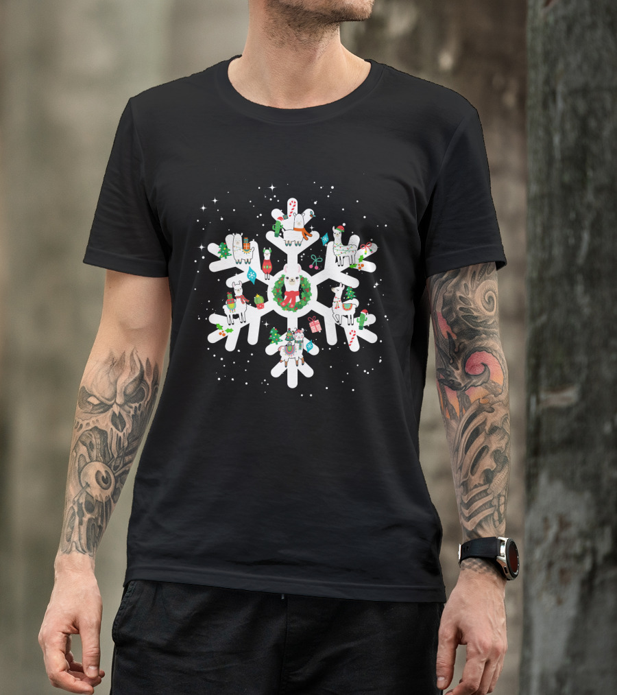 Llamas With Christmas Decorations On Large Snowflake T-Shirt