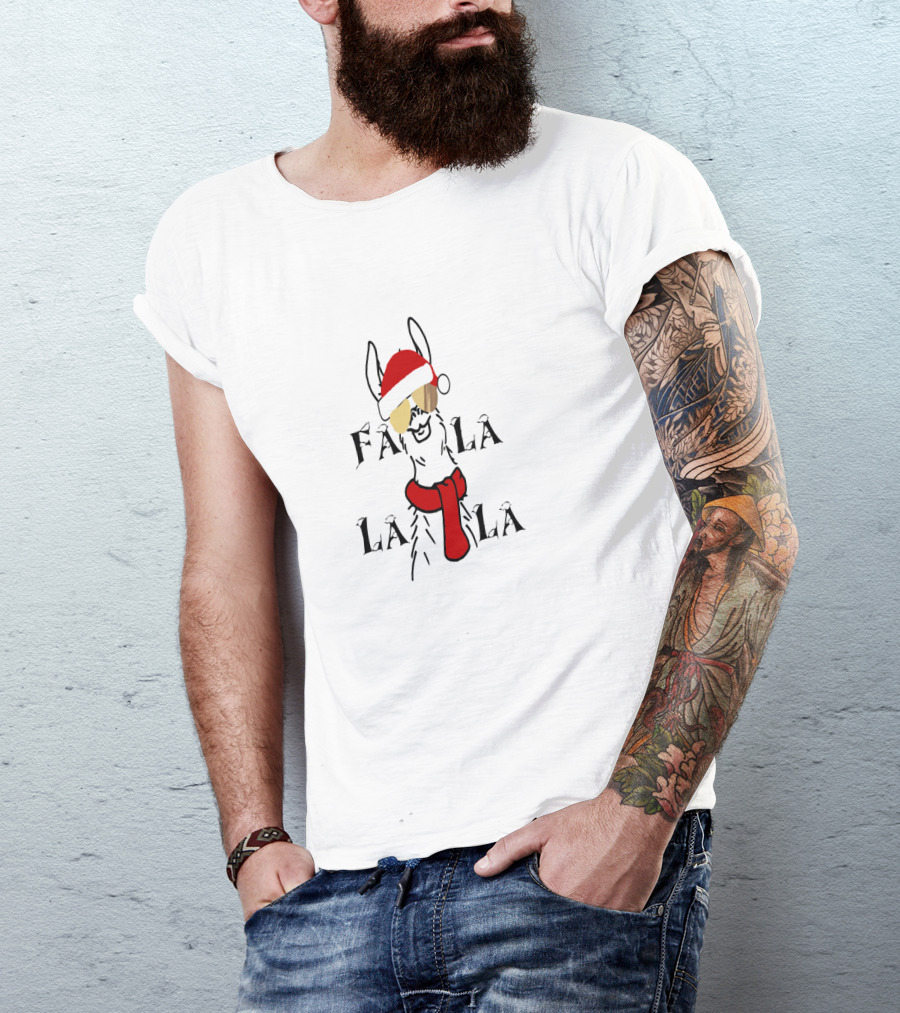 Christmas Falalala Llama Wearing Santa Hat And Scarf T-Shirt