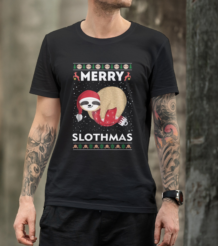 Merry Slothmas Ugly Christmas Sweater Sloth Holiday Festive Santa Hat T-Shirt