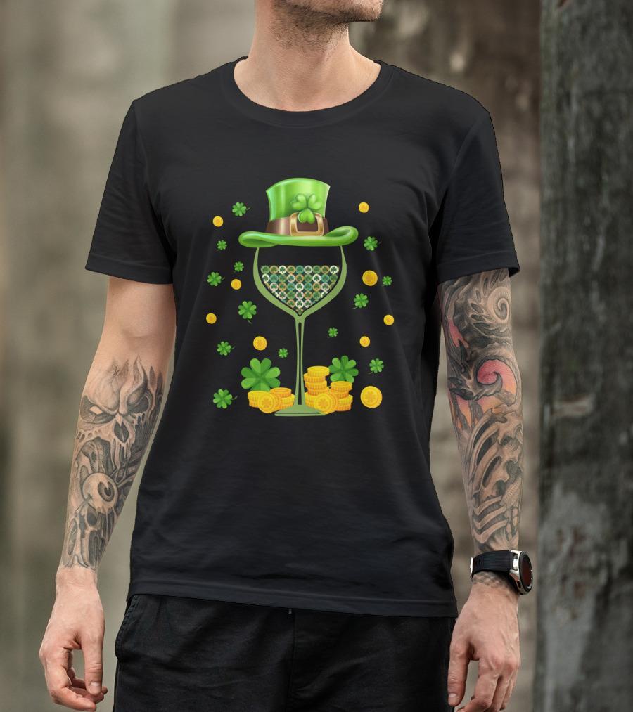 Patrick's Day Wine Glasses Leprechaun Hat Clover Coins T-Shirt