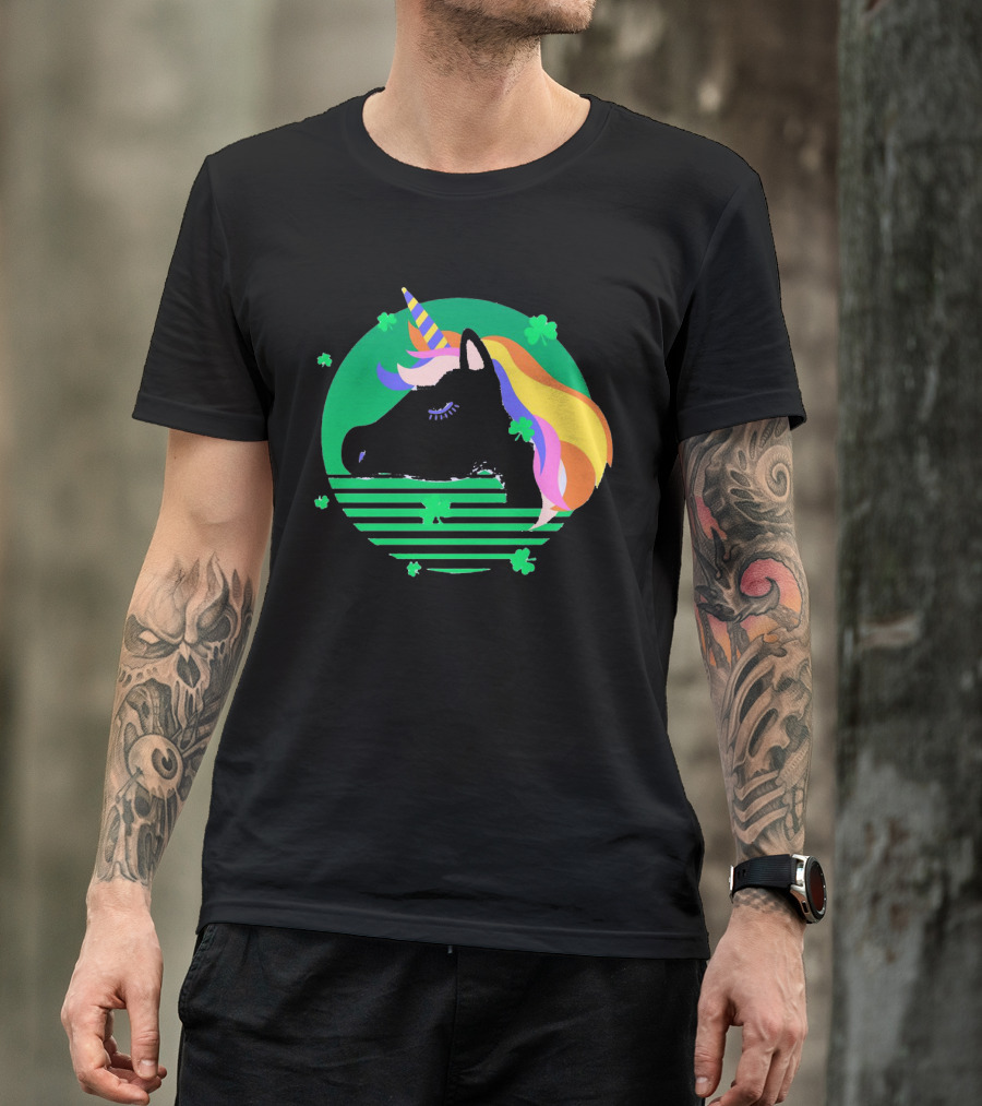 Rainbow Unicorn With Clover And Stripes St Patrick's Day T-Shirt