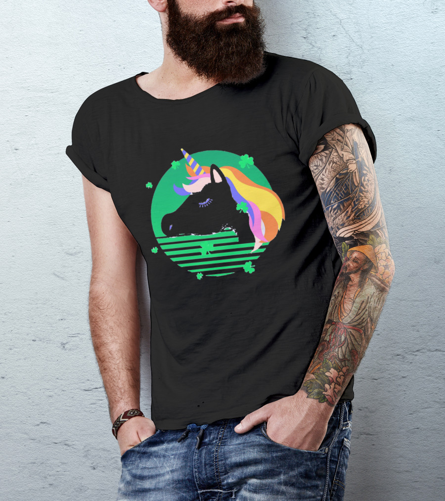 Rainbow Unicorn With Clover And Stripes St Patrick's Day T-Shirt
