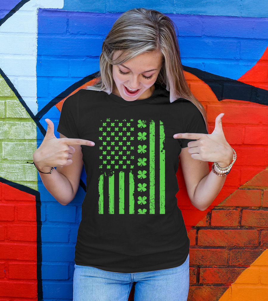 American Flag Green Clover Shamrock T-Shirt