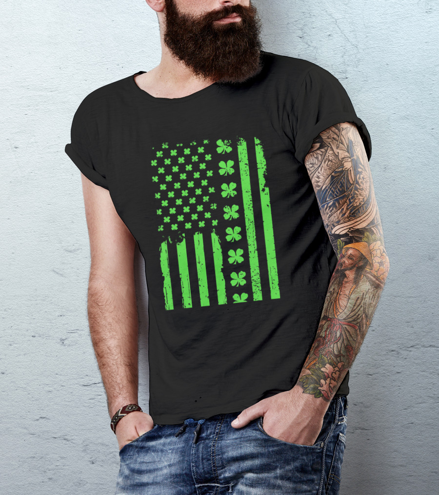 American Flag Green Clover Shamrock T-Shirt