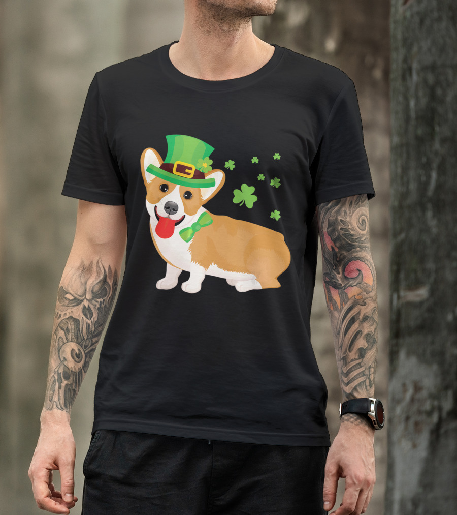 Corgi St Patrick's Day Lucky Shamrocks And Green Leprechaun Hat T-Shirt