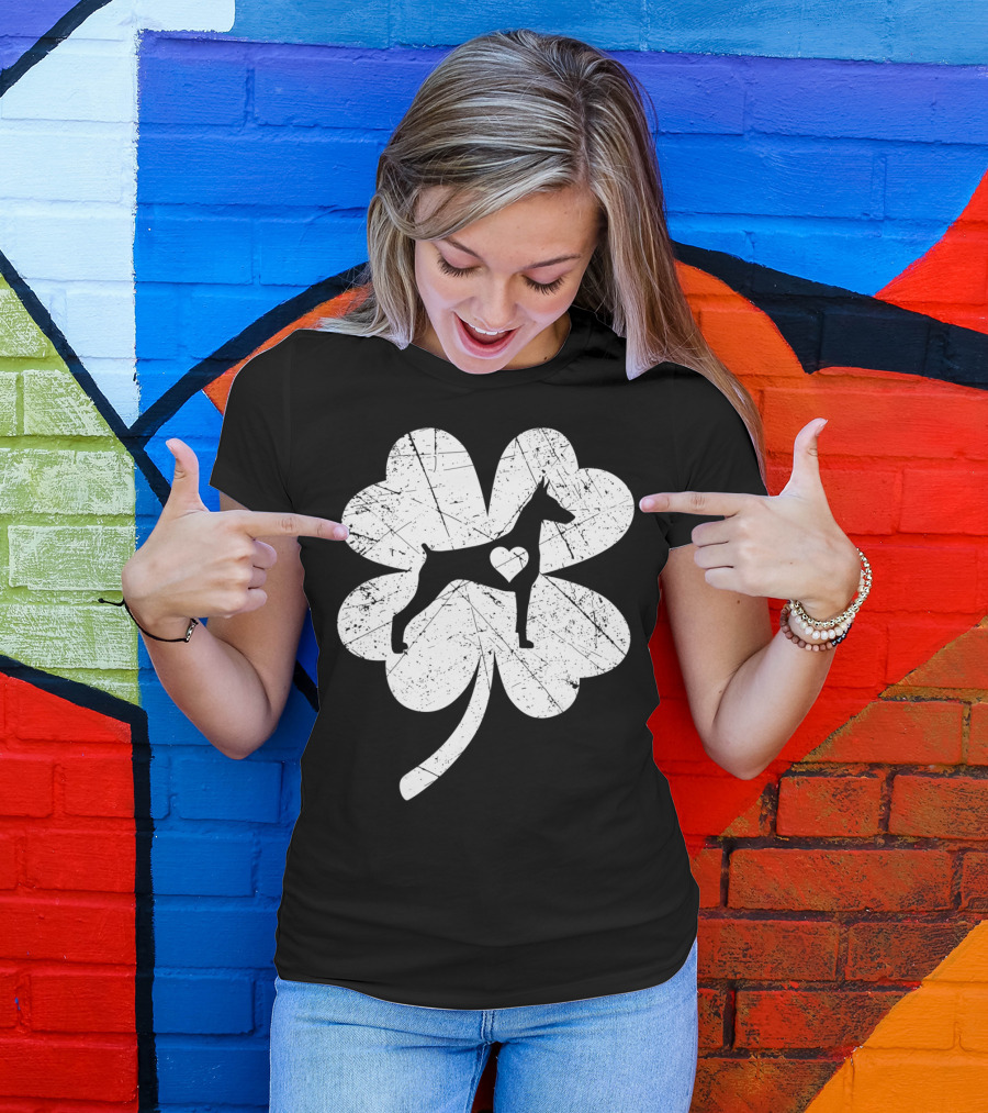 Doberman Silhouette Heart Shamrock Clover St Patricks Day Irish T-Shirt