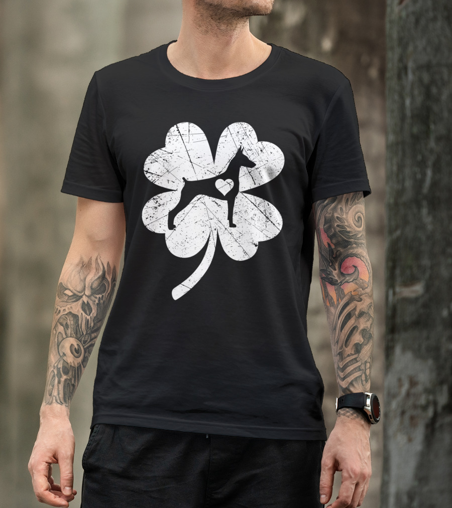 Doberman Silhouette Heart Shamrock Clover St Patricks Day Irish T-Shirt